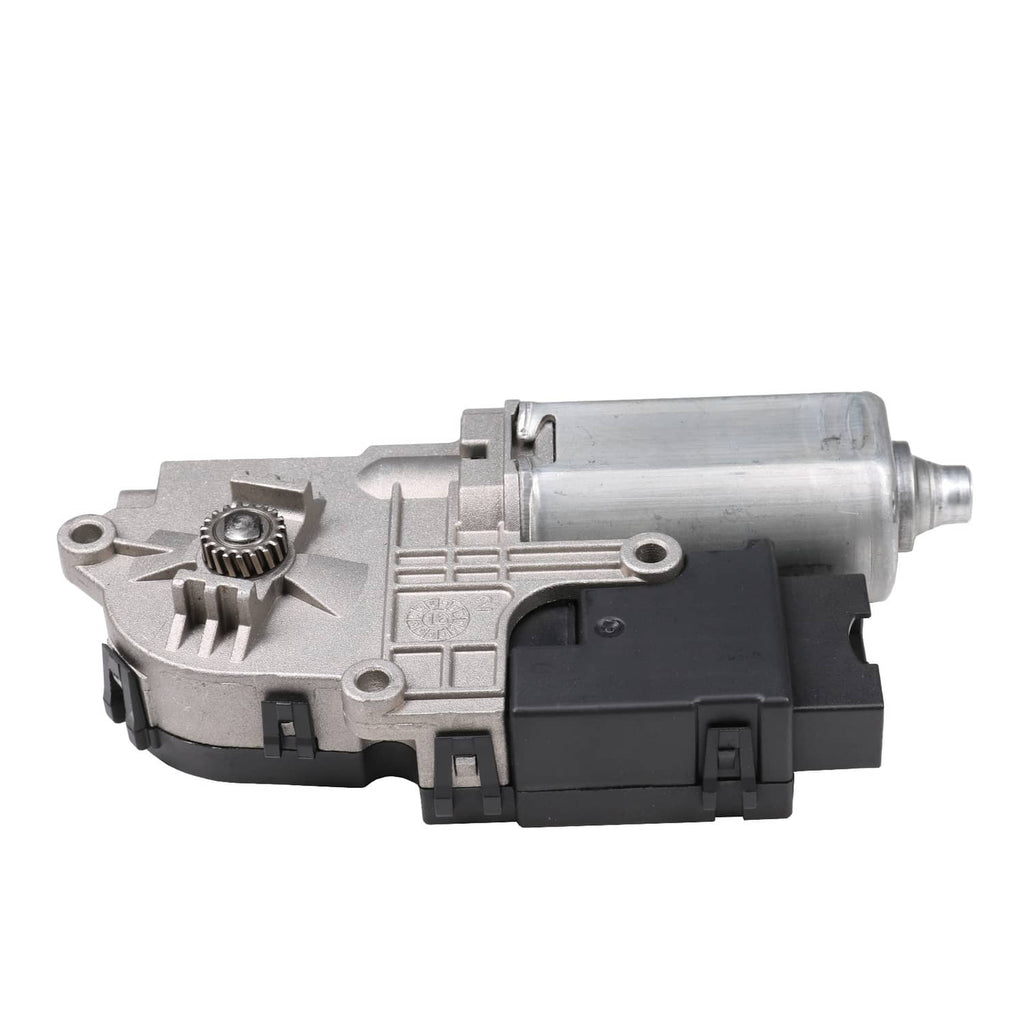 Sunroof motor assembly with silver metal housing and black connector end, side view