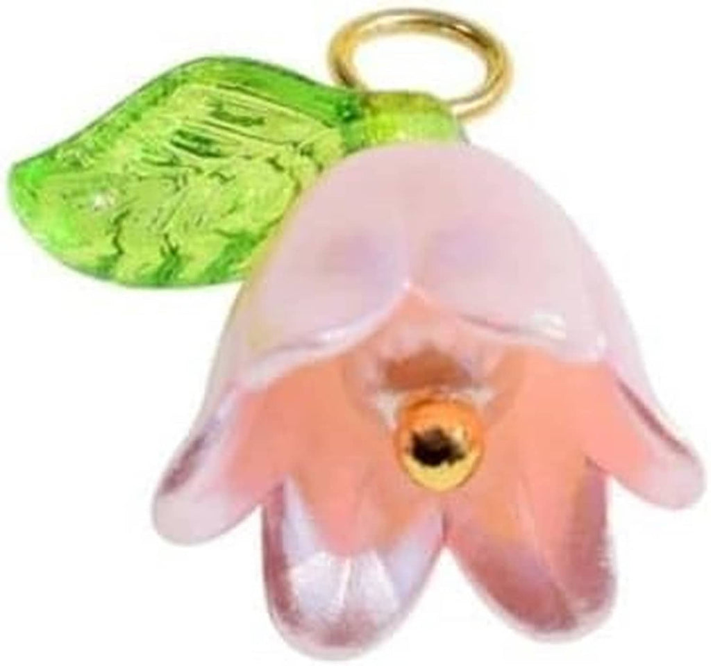 Hand-shaped charm bead with pink and orange center, green leaf accent, gold loop