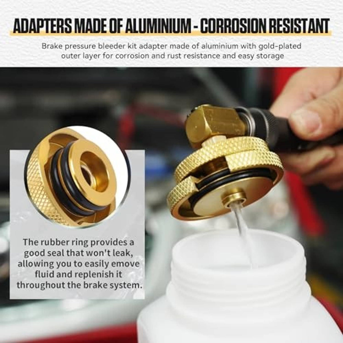 Gold aluminum brake bleeder adapter with rubber sealing ring and threaded inlet