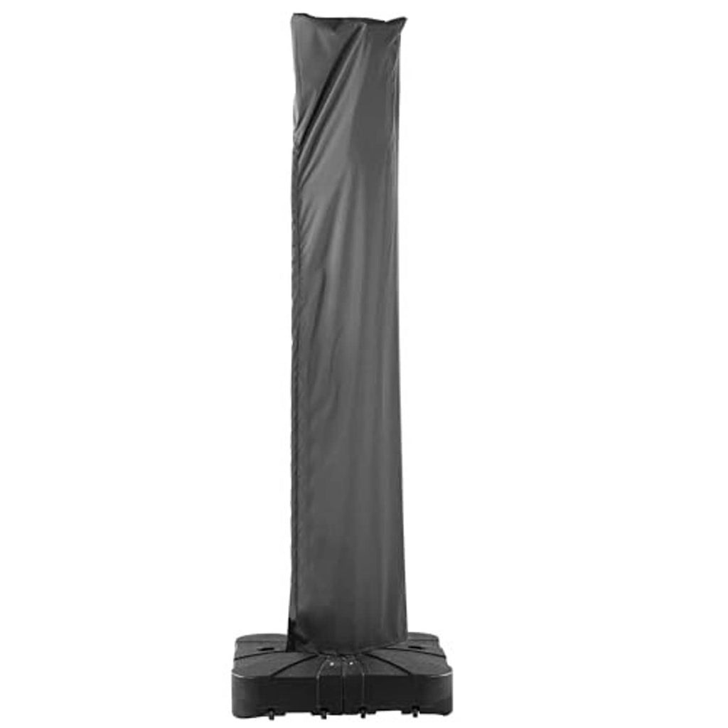Grey offset cantilever umbrella cover with tall protective bag and bottom ties