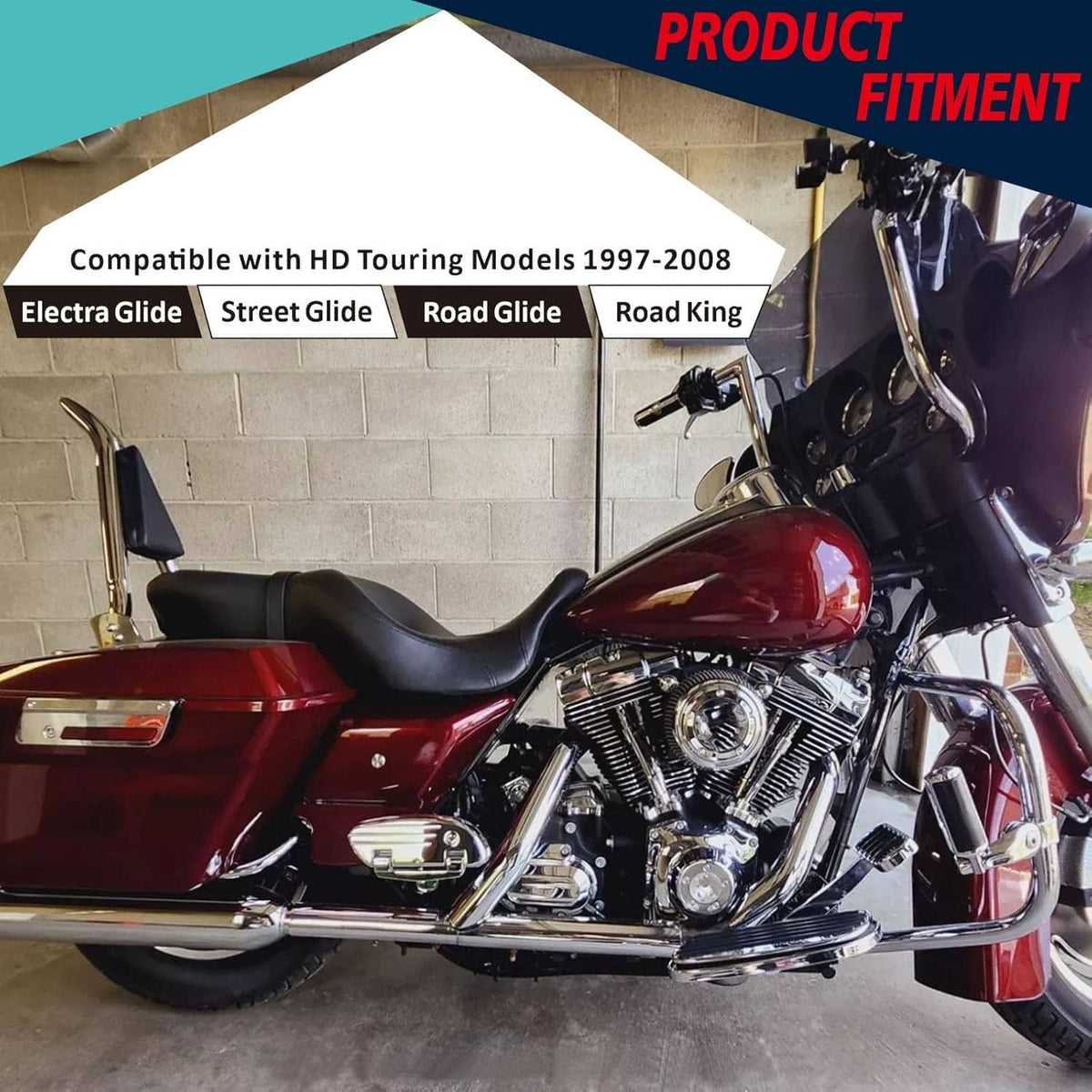 Chrome sissy bar backrest with black pad installed on a touring motorcycle