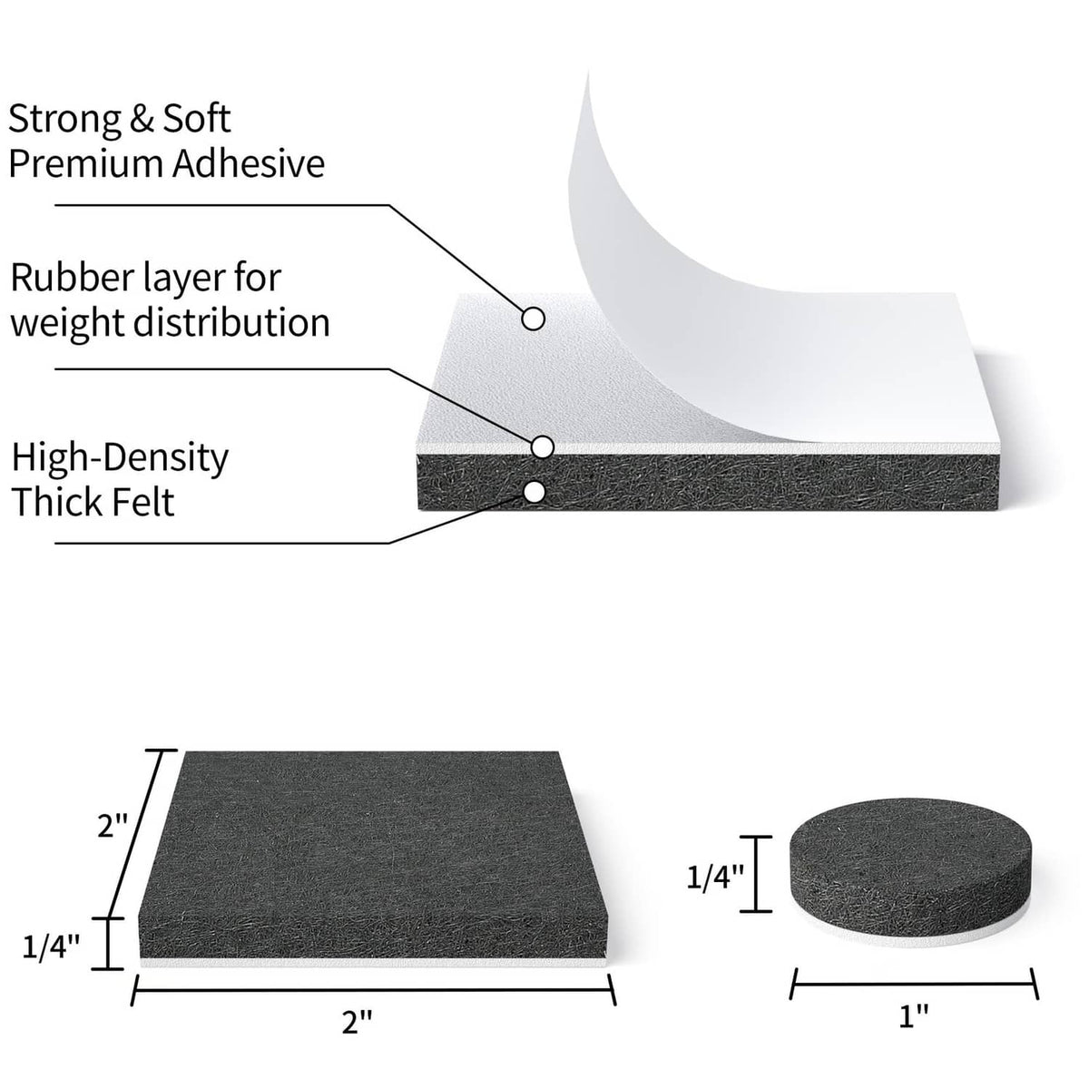 Black felt furniture pad with adhesive layer, shown in cross-section and size 2 in