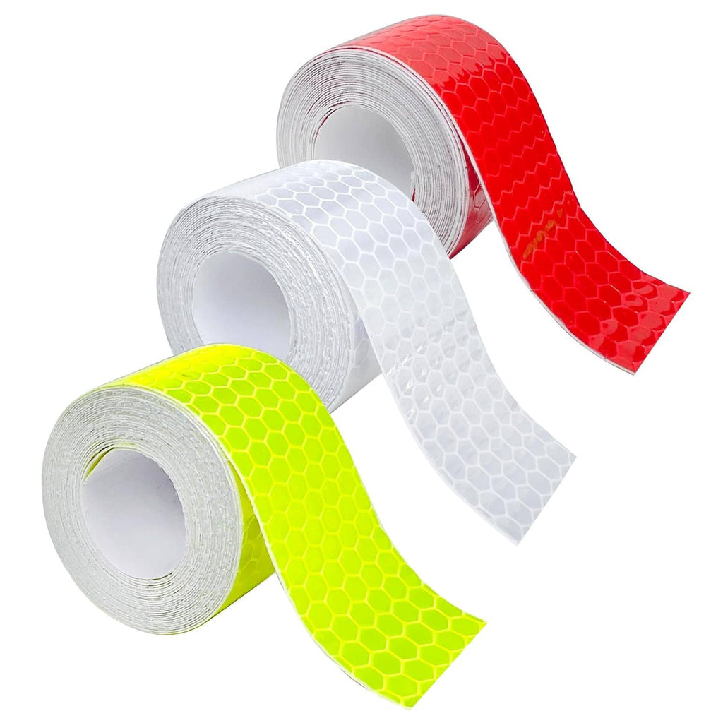 Reflective tape rolls in red, white, and neon yellow honeycomb pattern