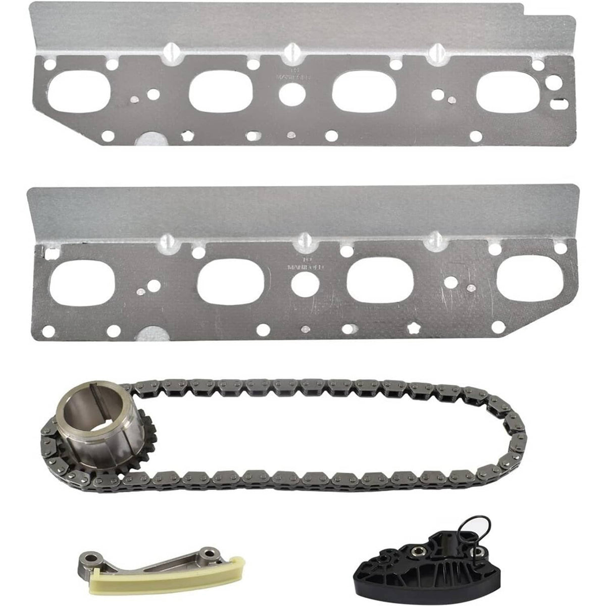Cylinder gasket plates and timing chain parts with small guides and mounting components