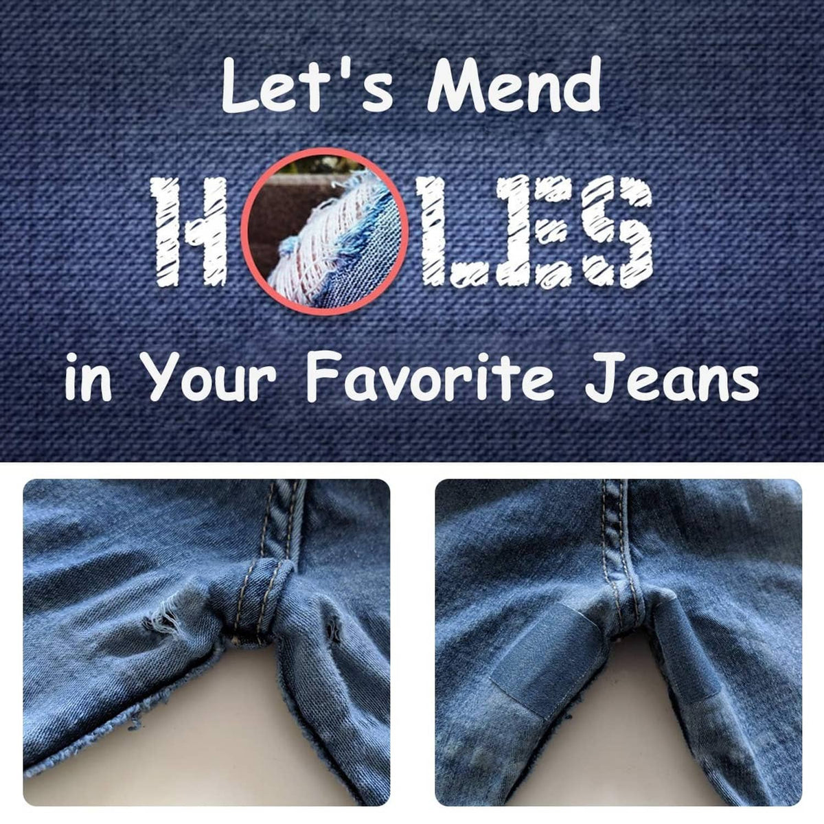 Denim jeans with iron-on mended patches on torn knee areas