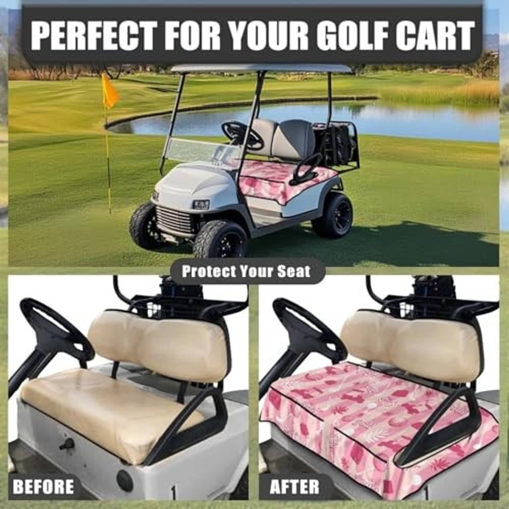 Pink golf cart seat cover towel with golf-themed print on seat cushion and black border