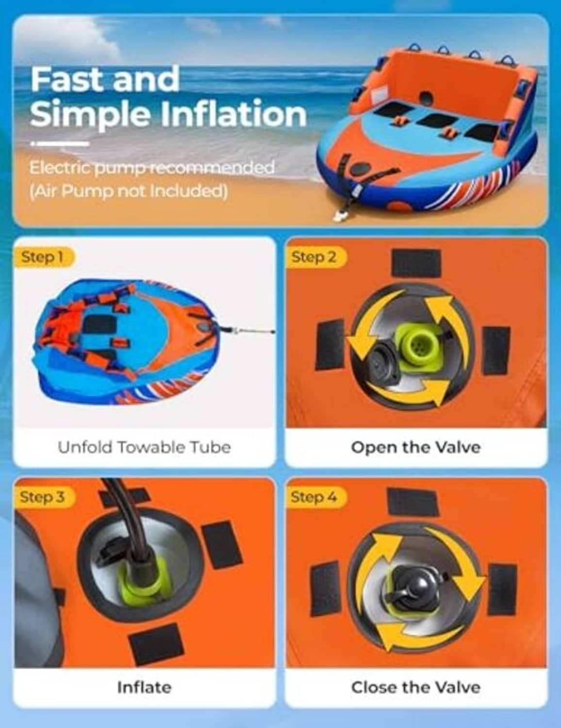 Inflatable towable tube with four illustrated steps for unfolding and inflating