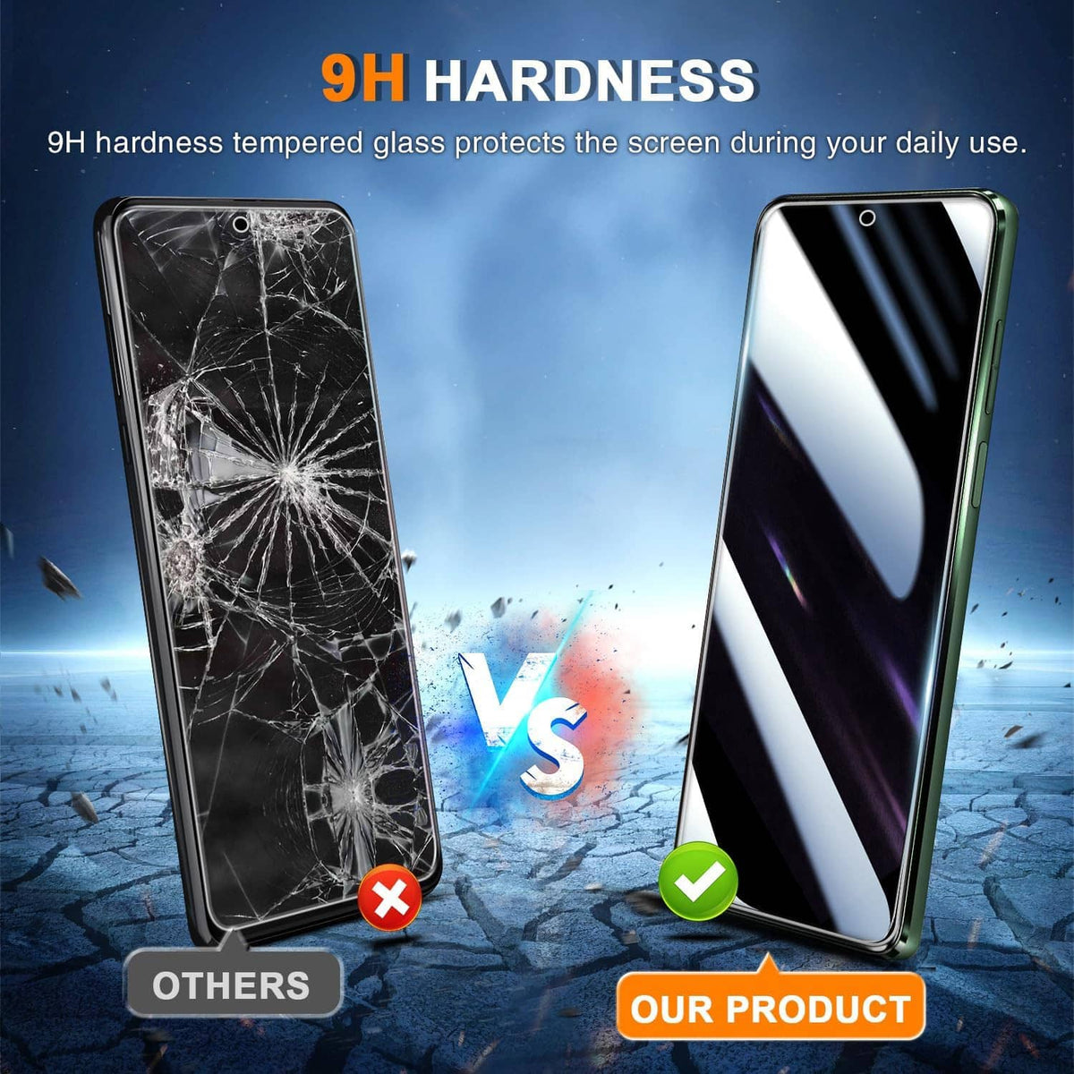 Tempered glass privacy screen protector comparison: cracked screen vs protected screen