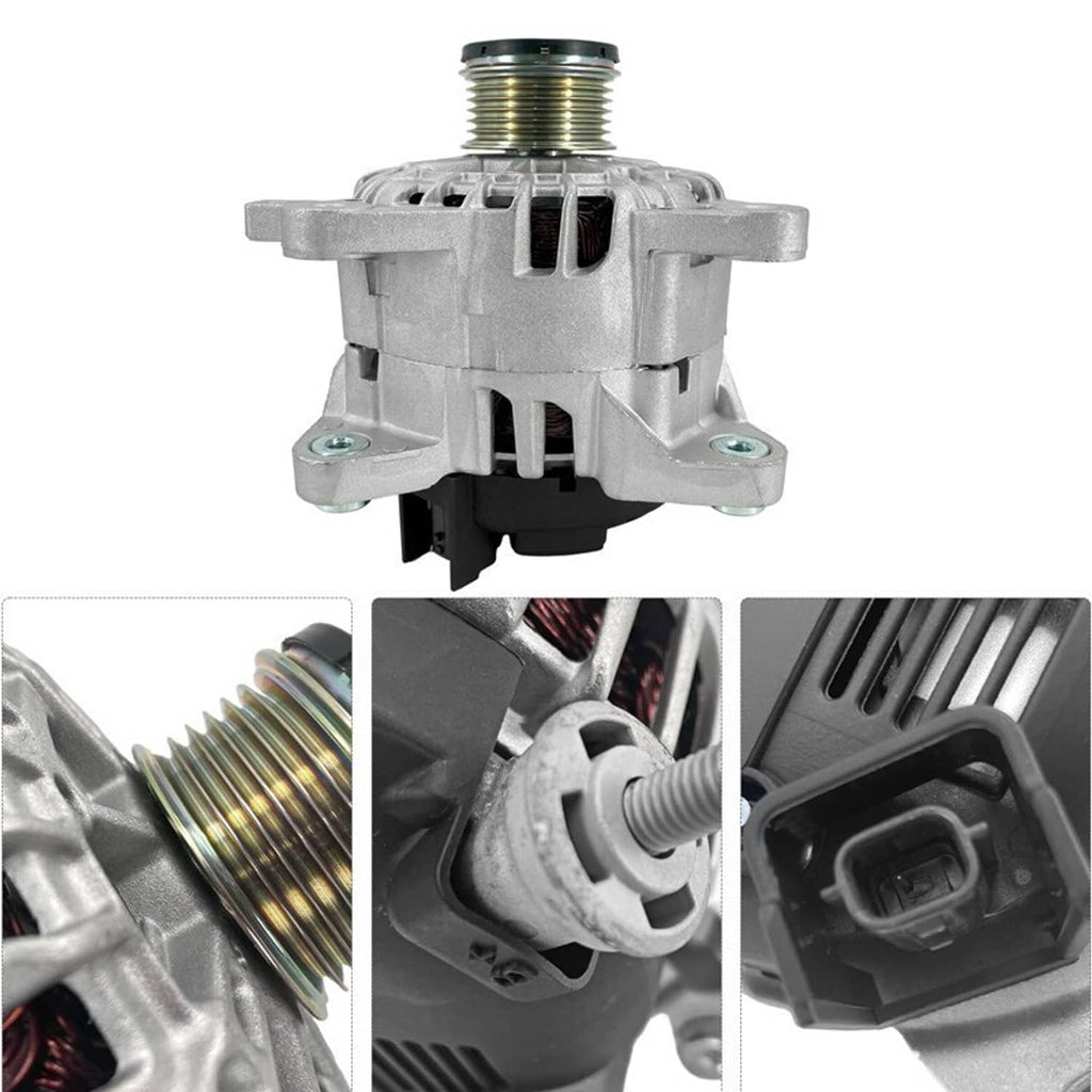 Silver alternator rear view with mounting brackets and wiring connector detail