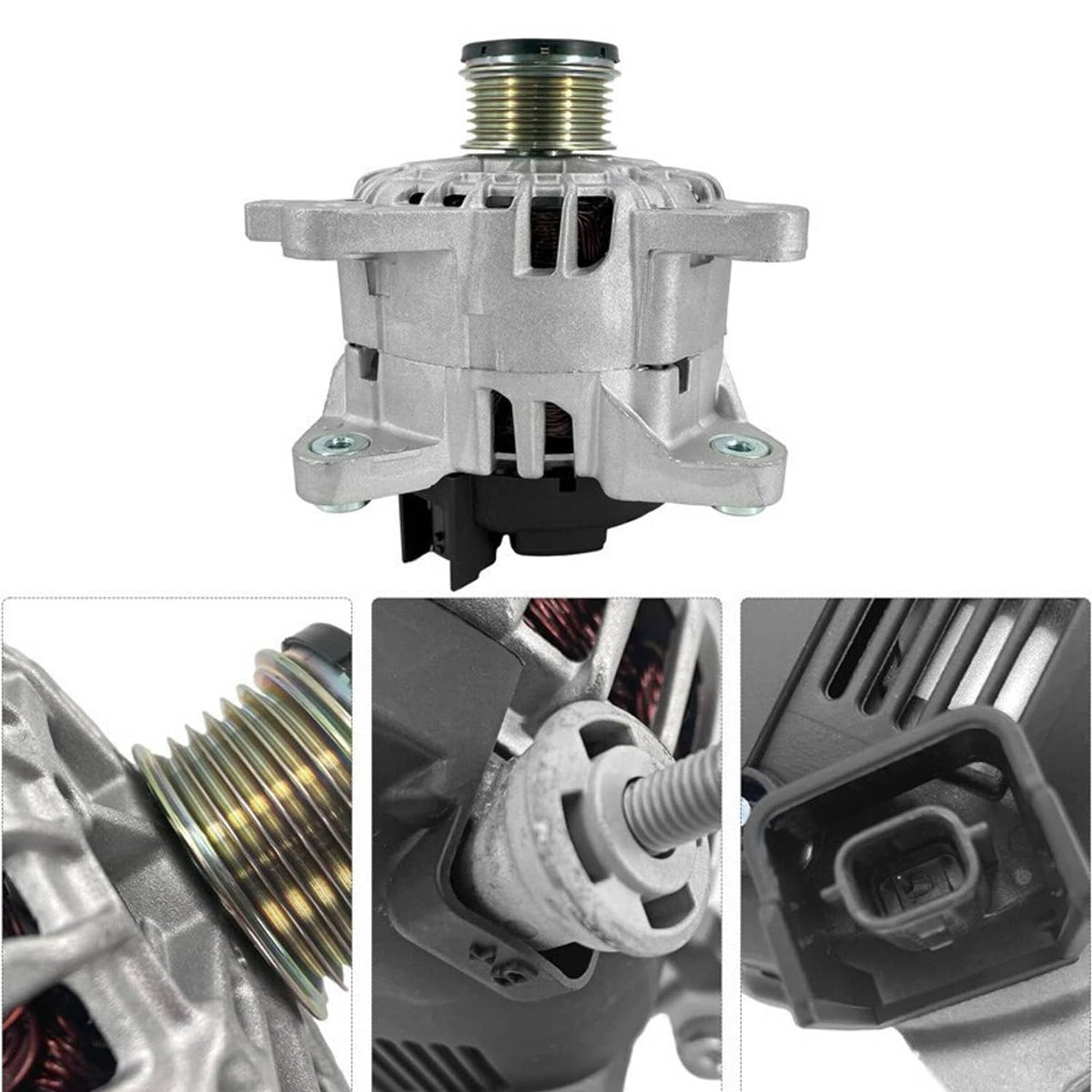Silver alternator rear view with mounting brackets and wiring connector detail