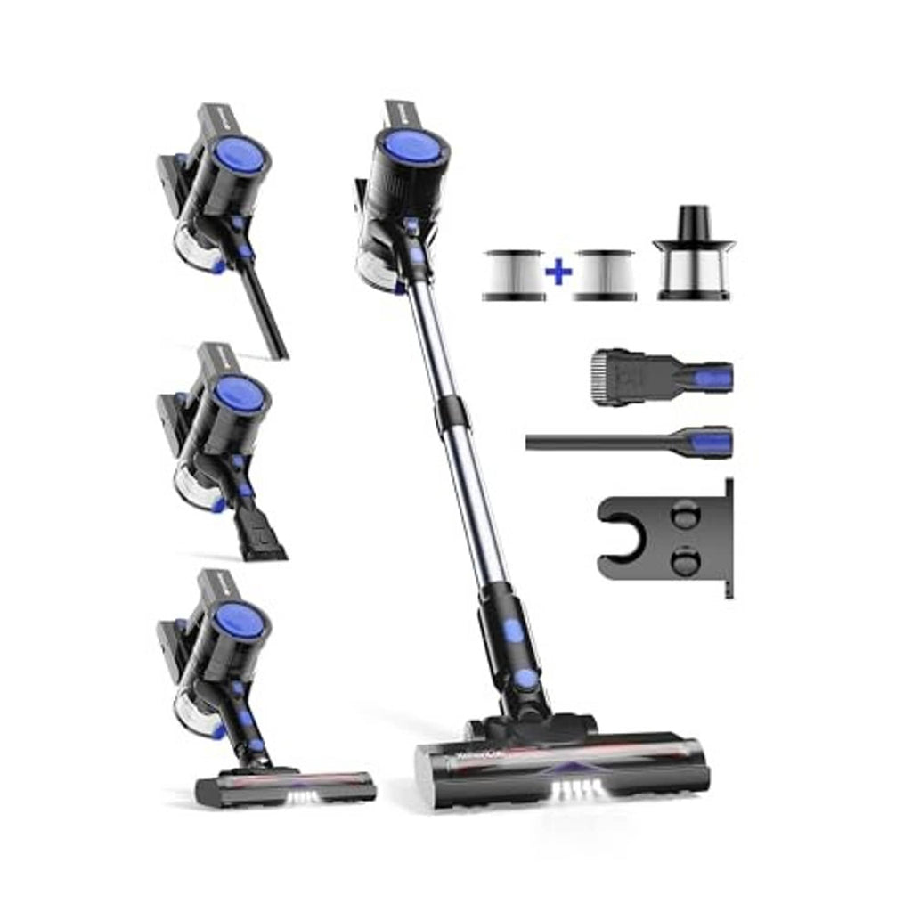 Cordless stick vacuum cleaner with multiple detachable cleaning heads and blue accents