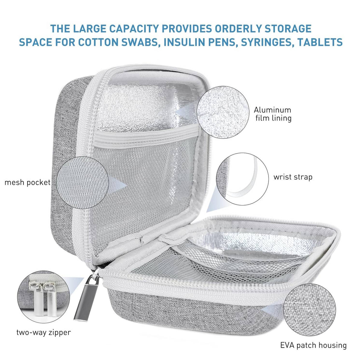 Insulin cooler travel case with mesh pocket, aluminum film lining, wrist strap