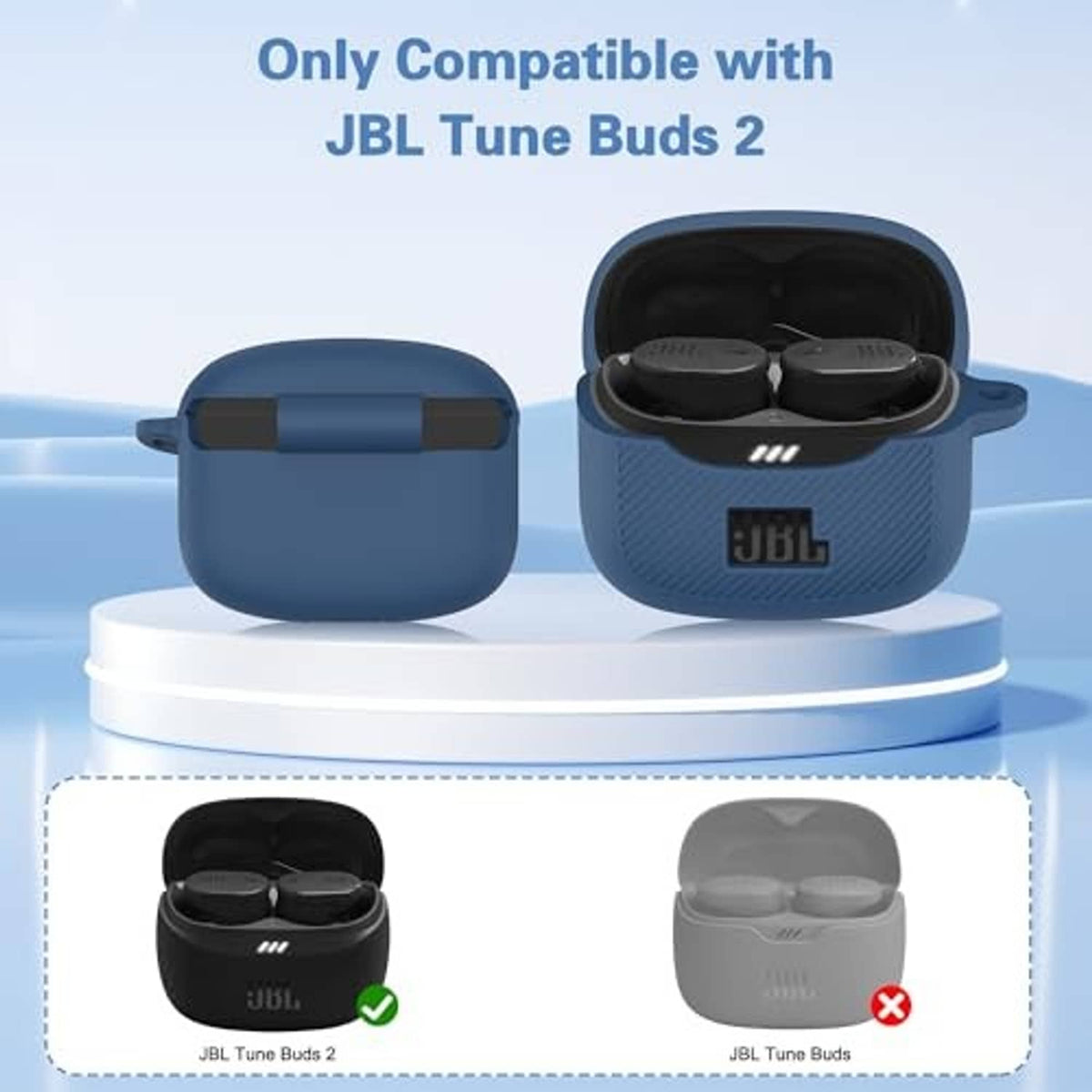 Dark blue silicone earbuds case cover with open lid and separate closed case view