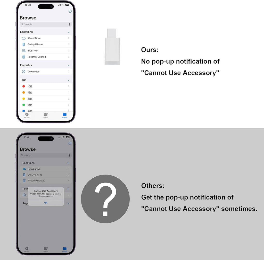 Card reader adapter notification example on iPhone showing files browser