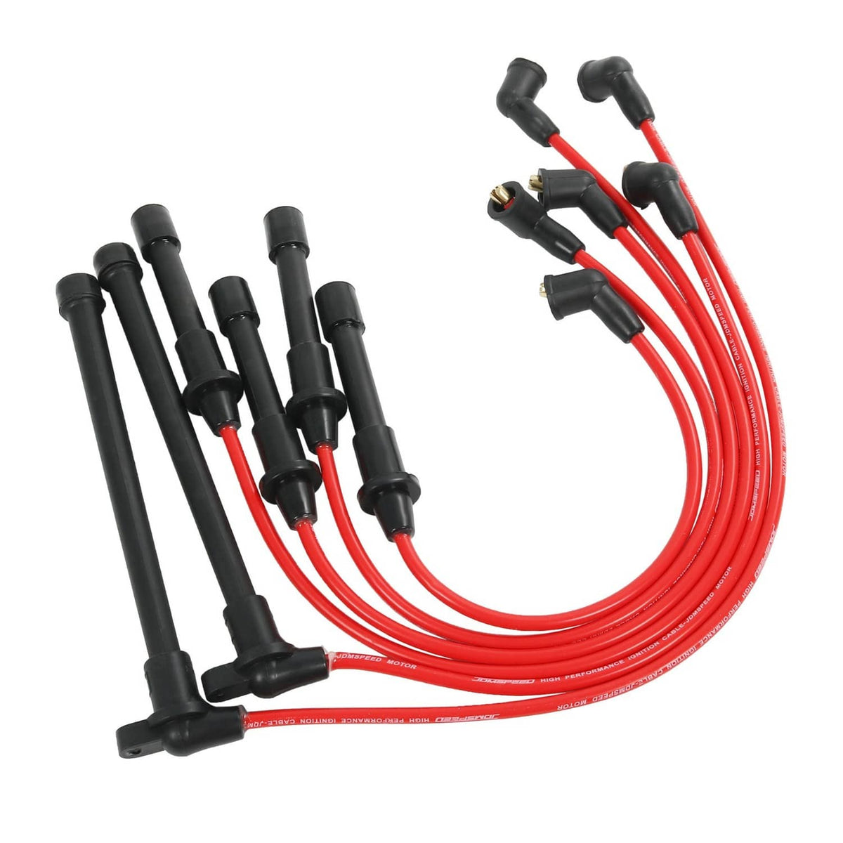 Spark plug wire set bundle with red wires, black boots, and separate coil leads