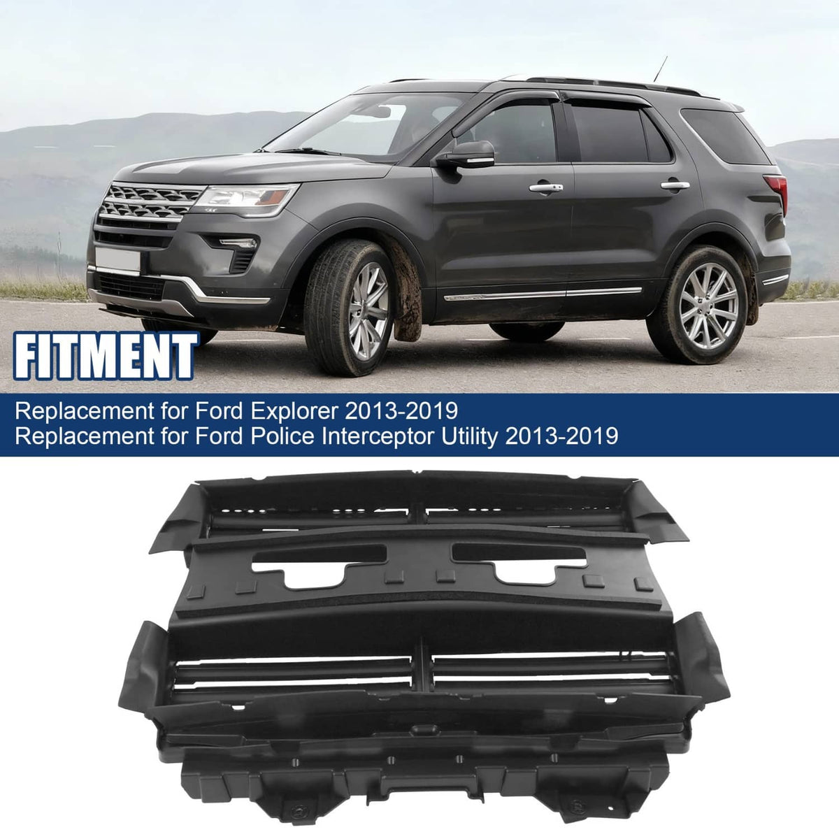Black radiator grille shutter assembly laid out with horizontal fin rows and tabs