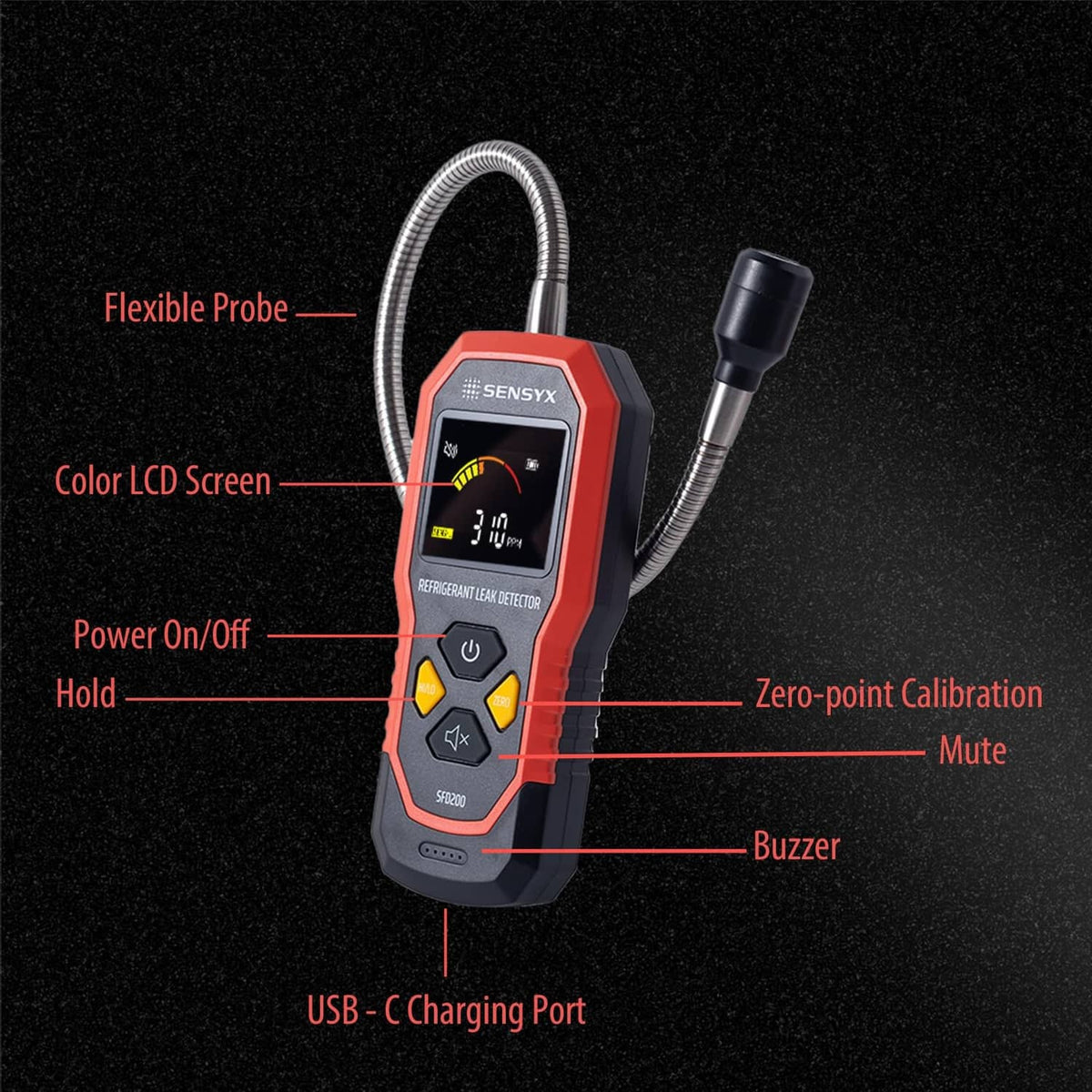Handheld refrigerant leak detector with flexible probe and color LCD screen