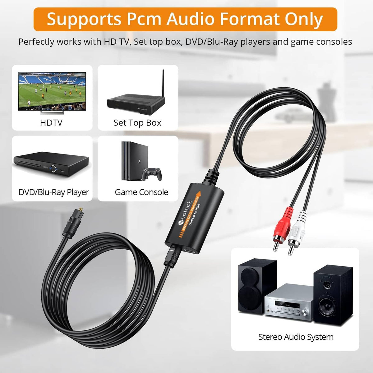 Neoteck optical SPDIF to RCA DAC converter with RCA and optical cables for setup