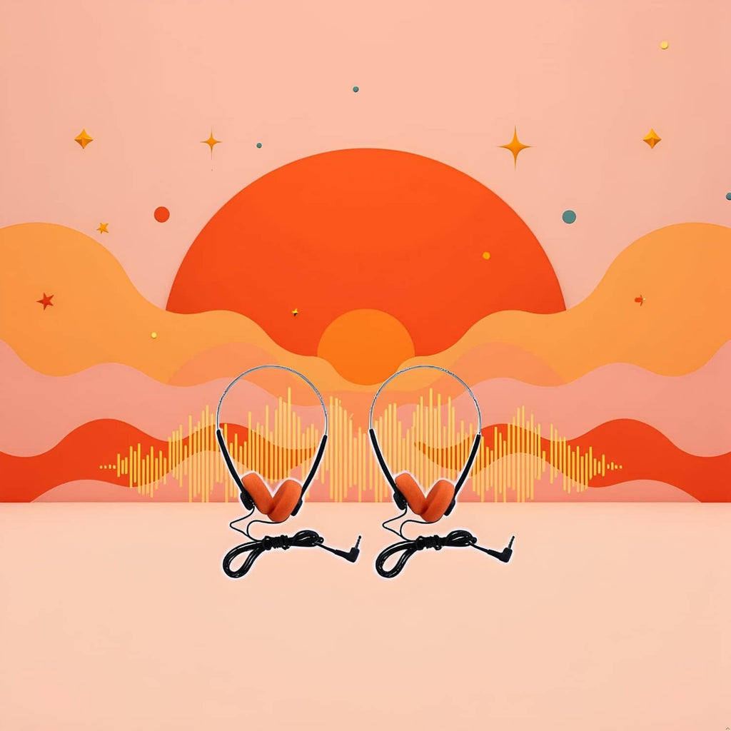 Wired retro on-ear headphones pair with orange ear cushions and black wired headband