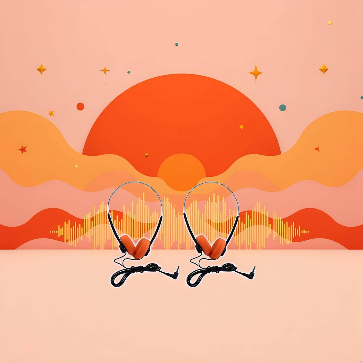 Wired retro on-ear headphones pair with orange ear cushions and black wired headband