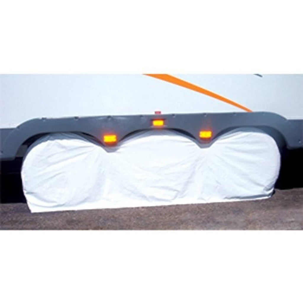 Triple-axle wheel cover showing three amber lights and white wheel guards