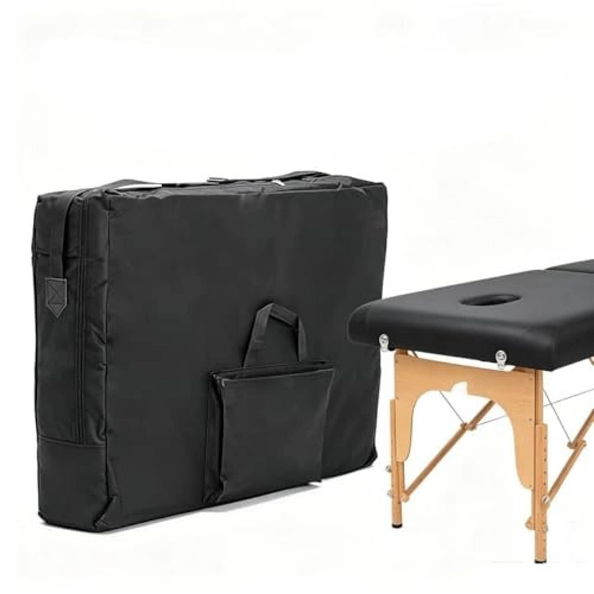 Black nylon massage table storage bag with front organizer pocket and strap handles