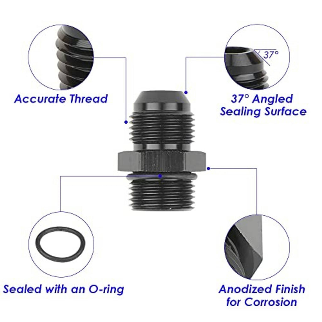 Fuel line fitting adapter with anodized black finish, O-ring, and 37° angled sealing surface