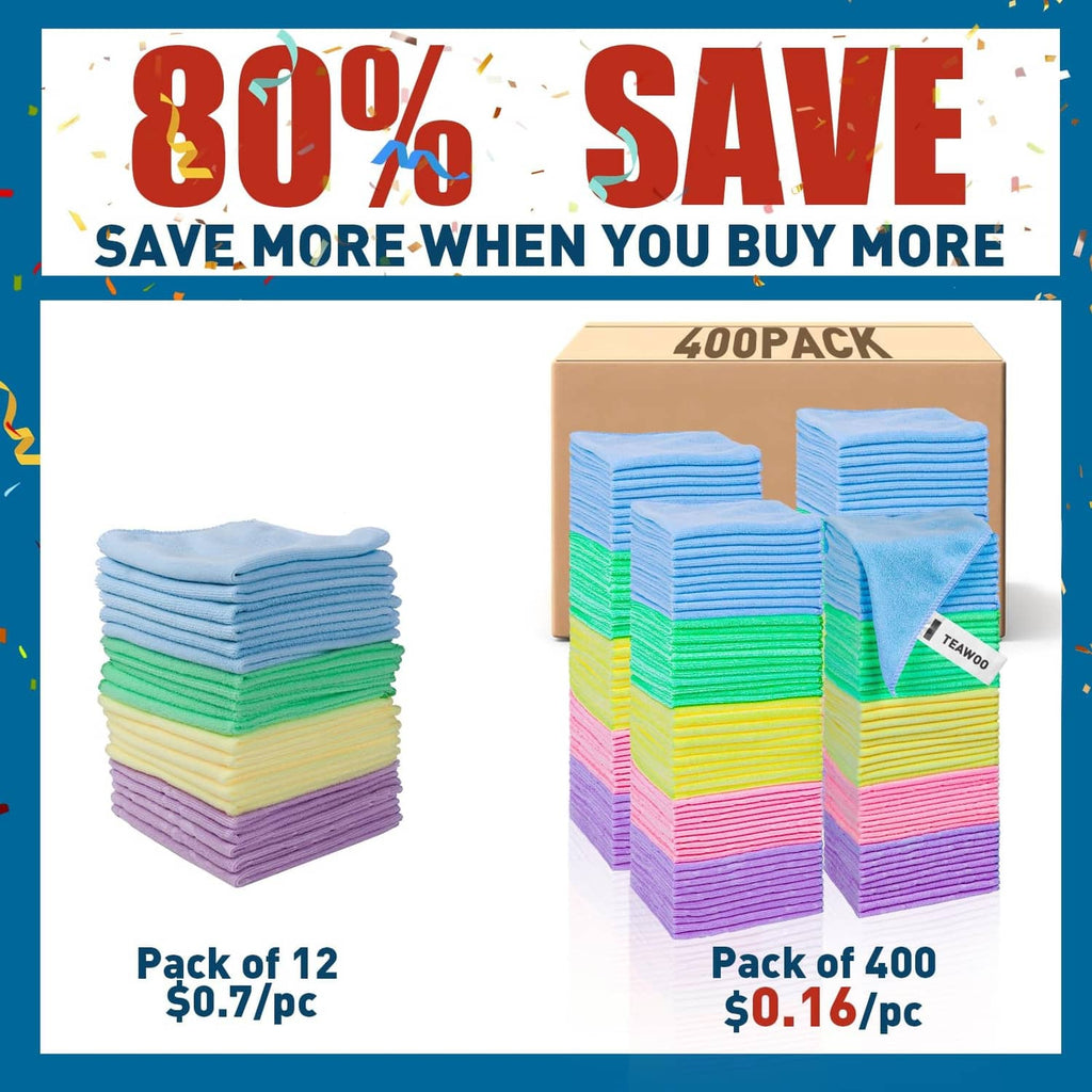 Microfiber cleaning towels in mixed colors, shown in a 400-pack bundle