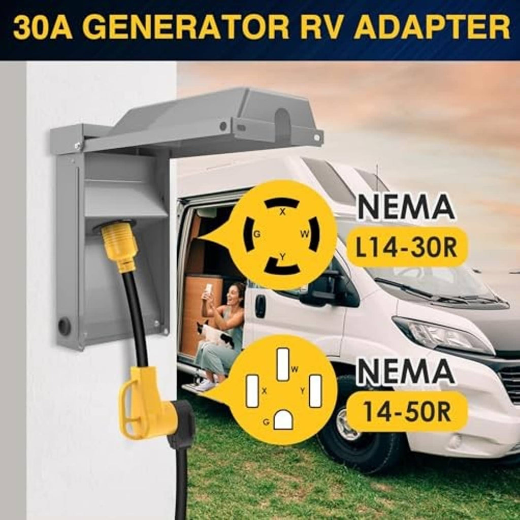 Yellow adapter cord with L14-30R and L14-50R connectors for RV charging