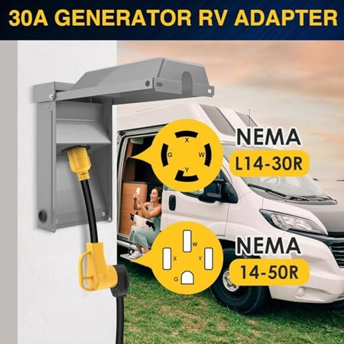 Yellow adapter cord with L14-30R and L14-50R connectors for RV charging