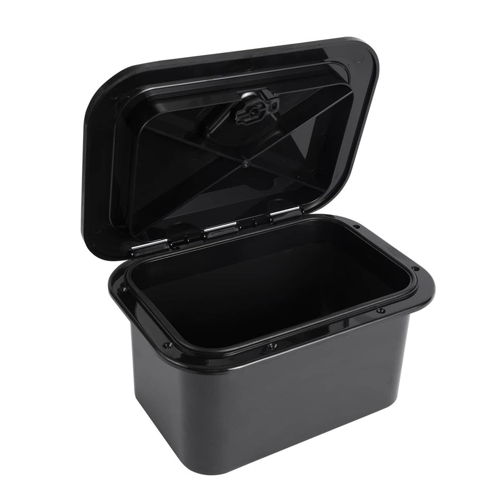 Black boat hatch storage box with open hinged lid and secure latch on top