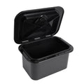 Black boat hatch storage box with open hinged lid and secure latch on top
