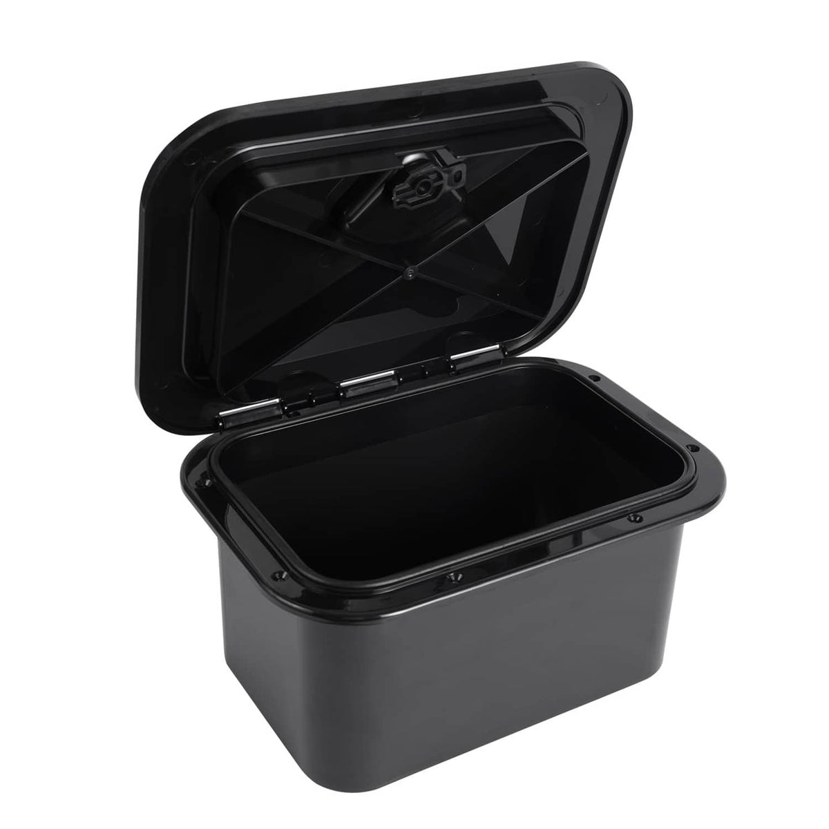 Black boat hatch storage box with open hinged lid and secure latch on top