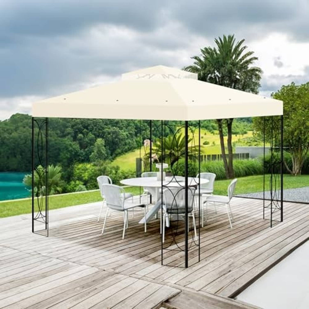 Beige double-tier gazebo top canopy cover over outdoor patio seating