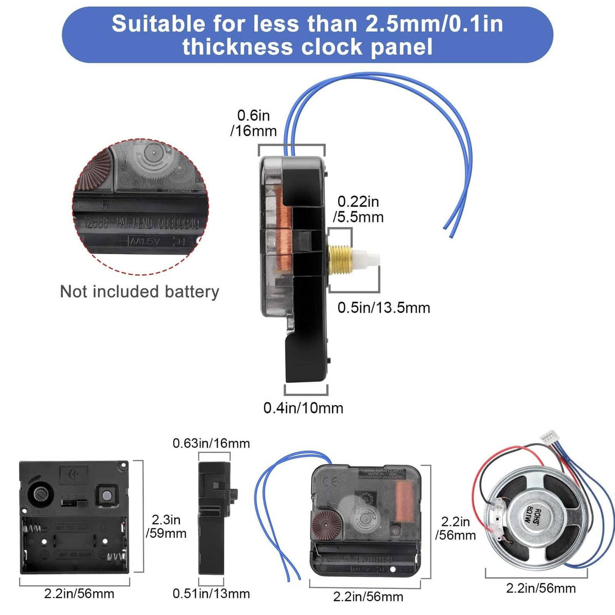 Black battery chime clock mechanism with blue and red wires, side view with dimensions