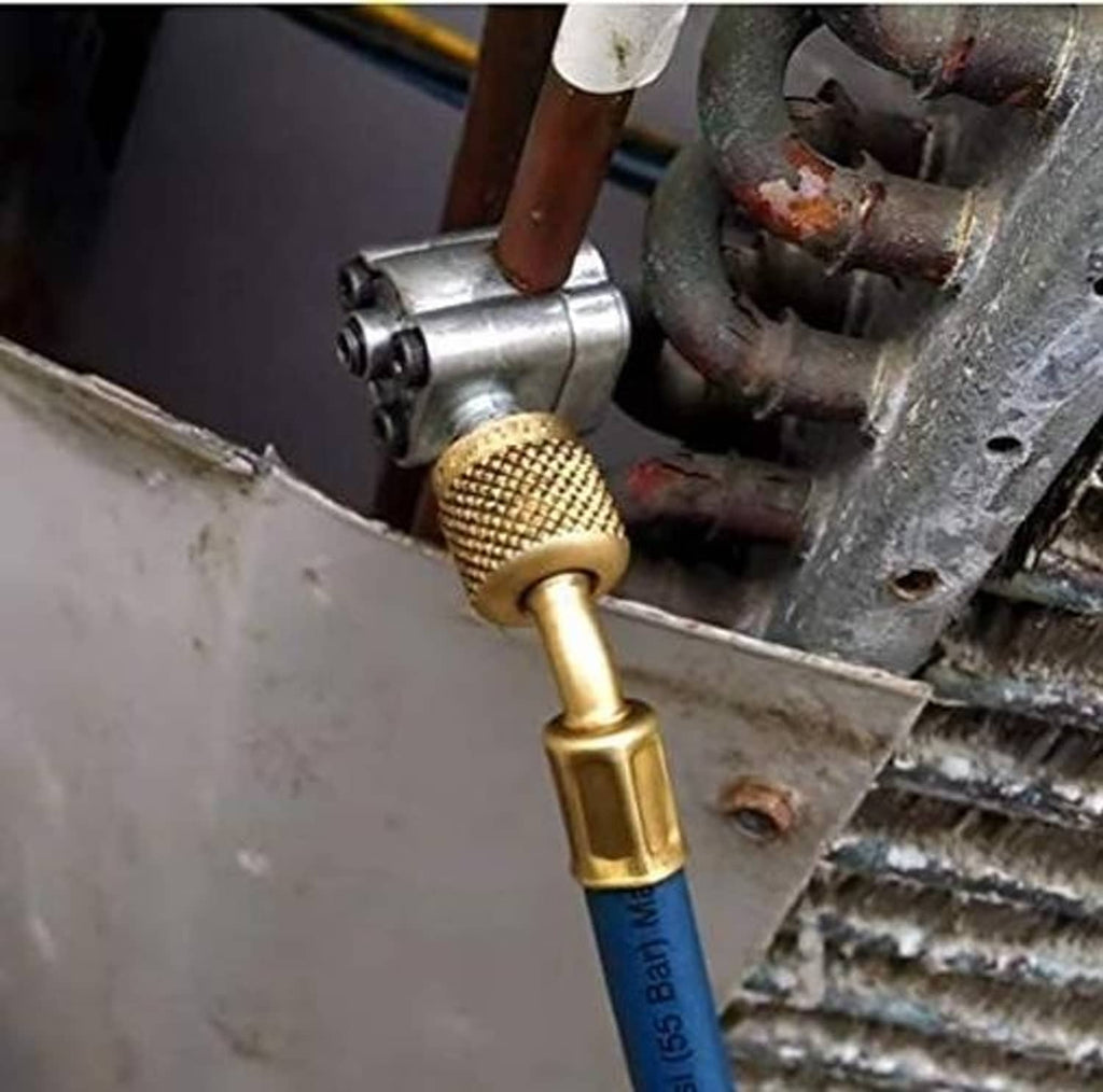 Piercing valve fitting on metal equipment, blue hose with gold brass connector