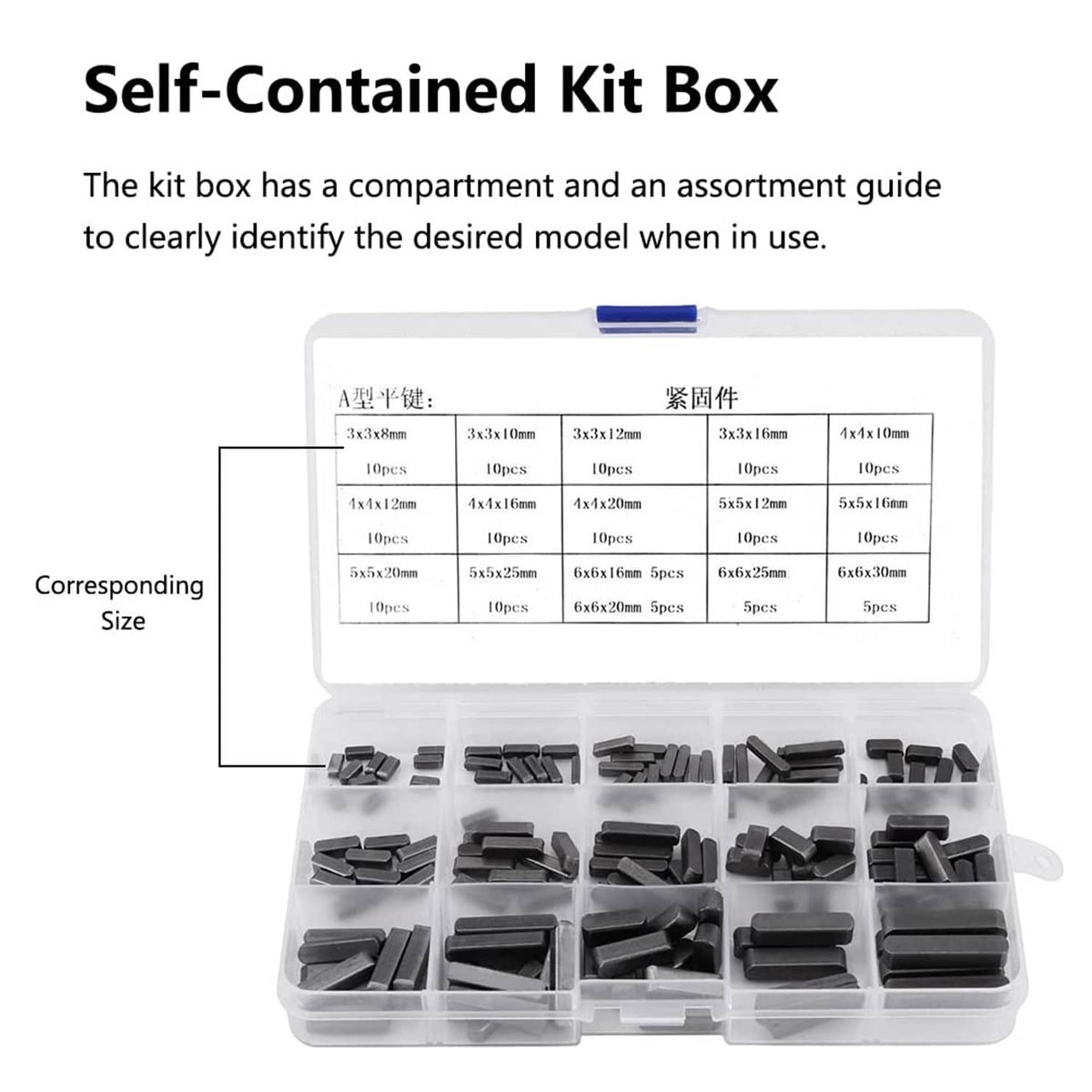 Key stock parallel square keys in plastic organizer case, assorted dark pieces