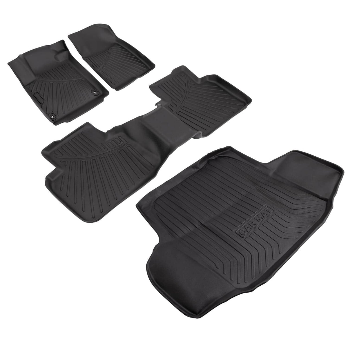 Black all-weather floor mats set with textured grip, ridged contours, and corner nubs