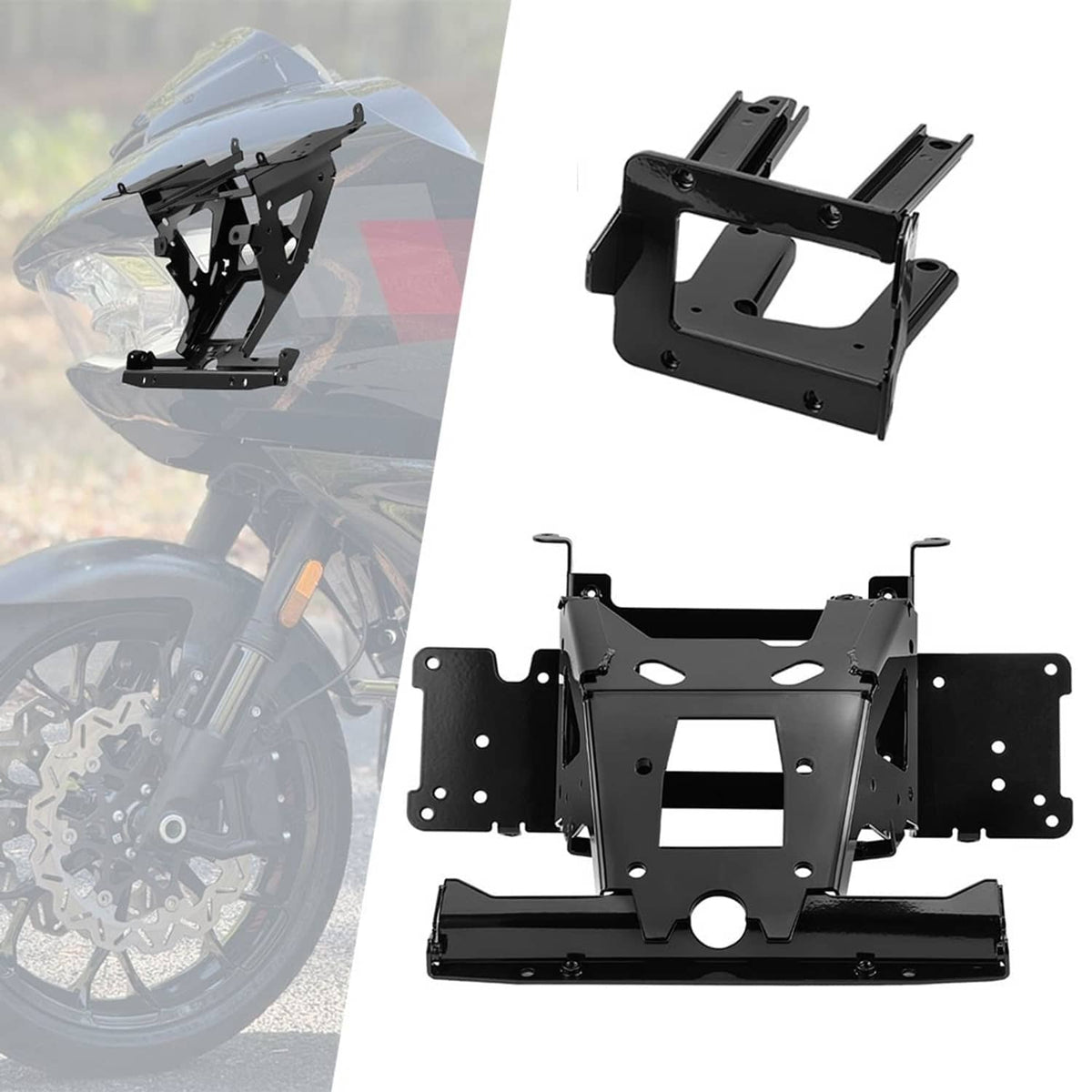 Black steel radio mount bracket with mounting plates and center cutout