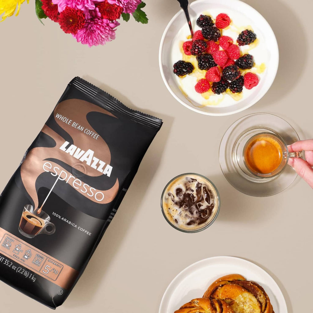 Lavazza espresso whole bean coffee bag with espresso pour and bowls with toppings
