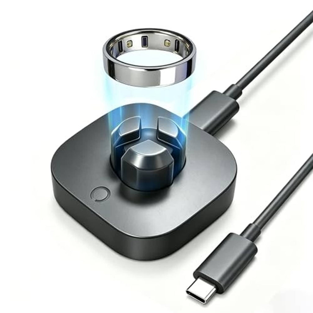 Ring charging base with reflective cradle and USB-C cable connector ends
