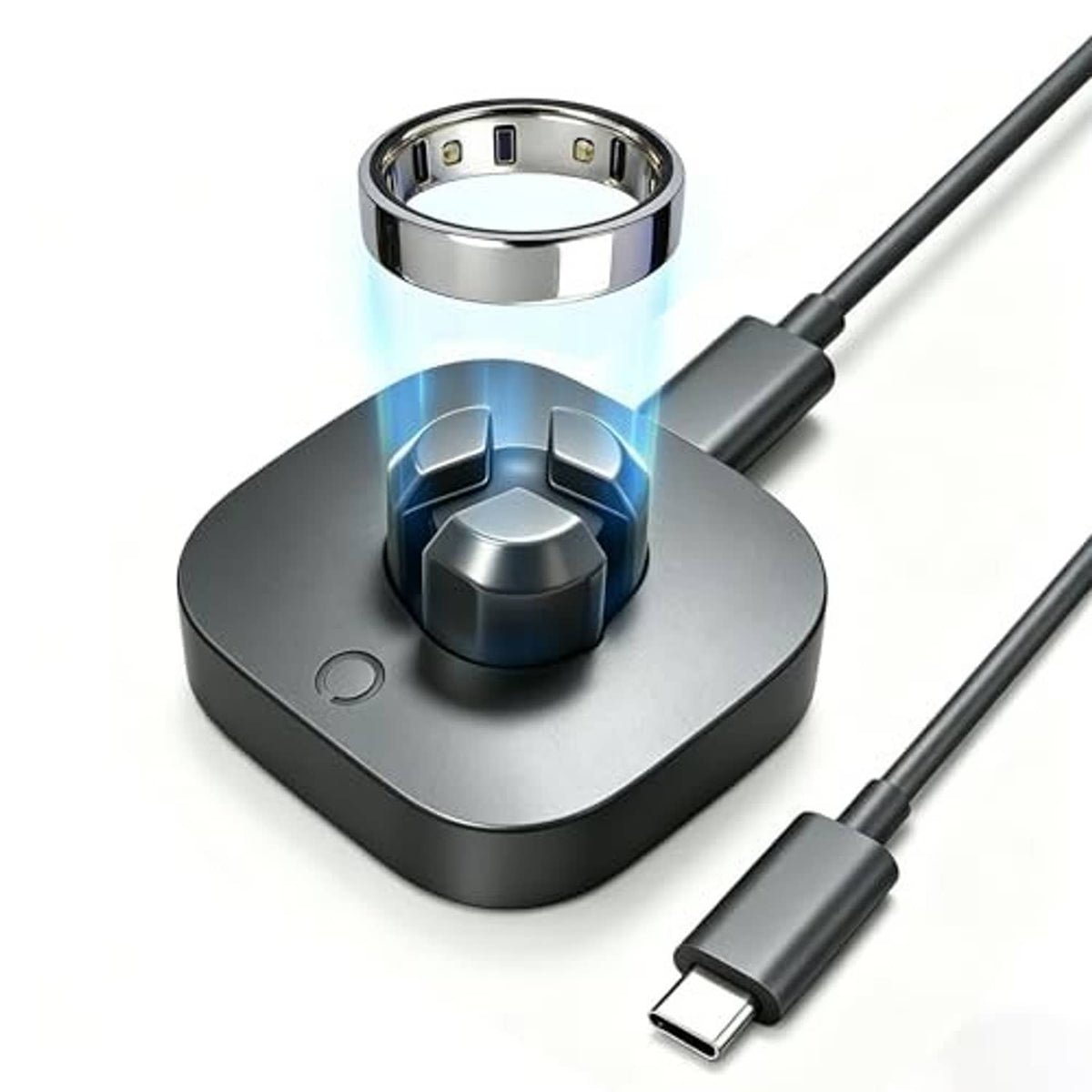 Ring charging base with reflective cradle and USB-C cable connector ends
