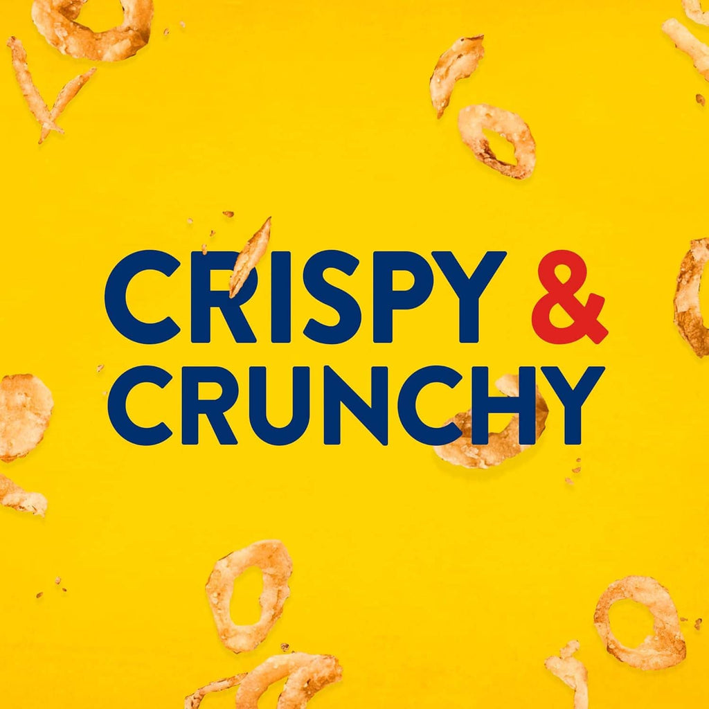 Crispy & crunchy onion flakes on bright yellow background