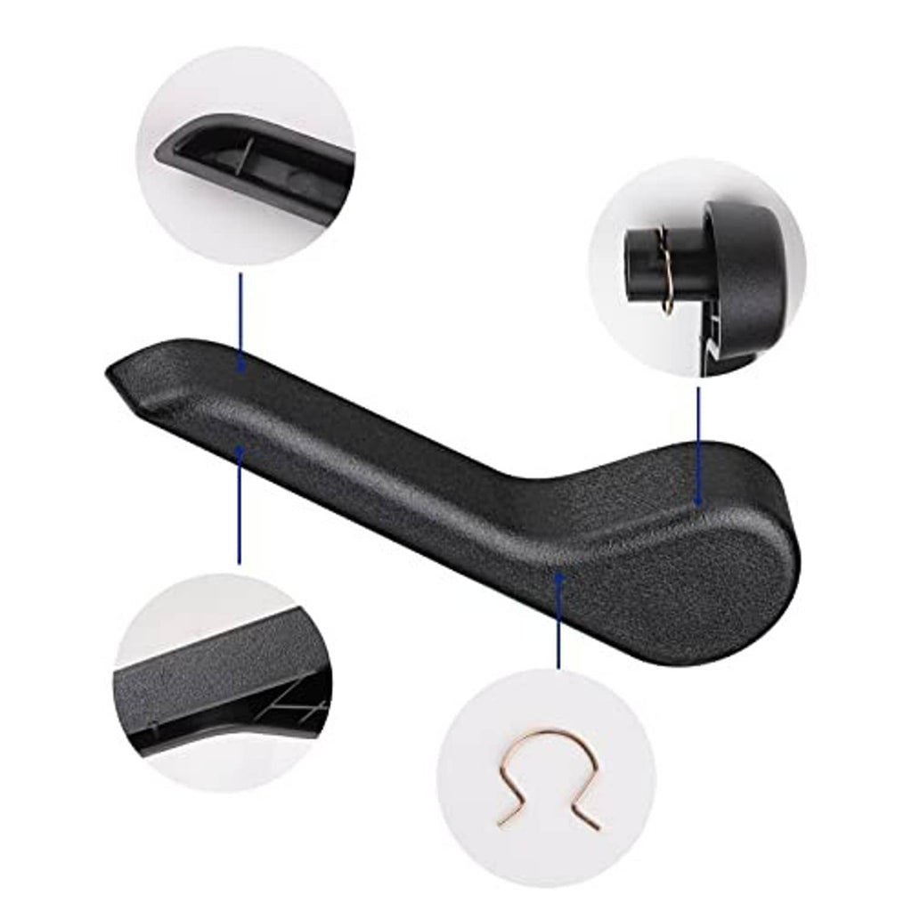 Black seat recliner handle lever with labeled feature close-ups