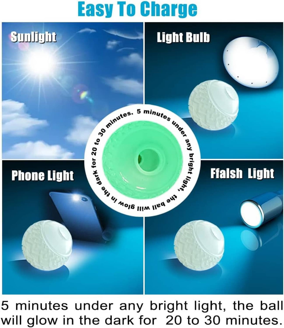 Glow ball dog toy with light/charging bulb style illustration and small ball inset.