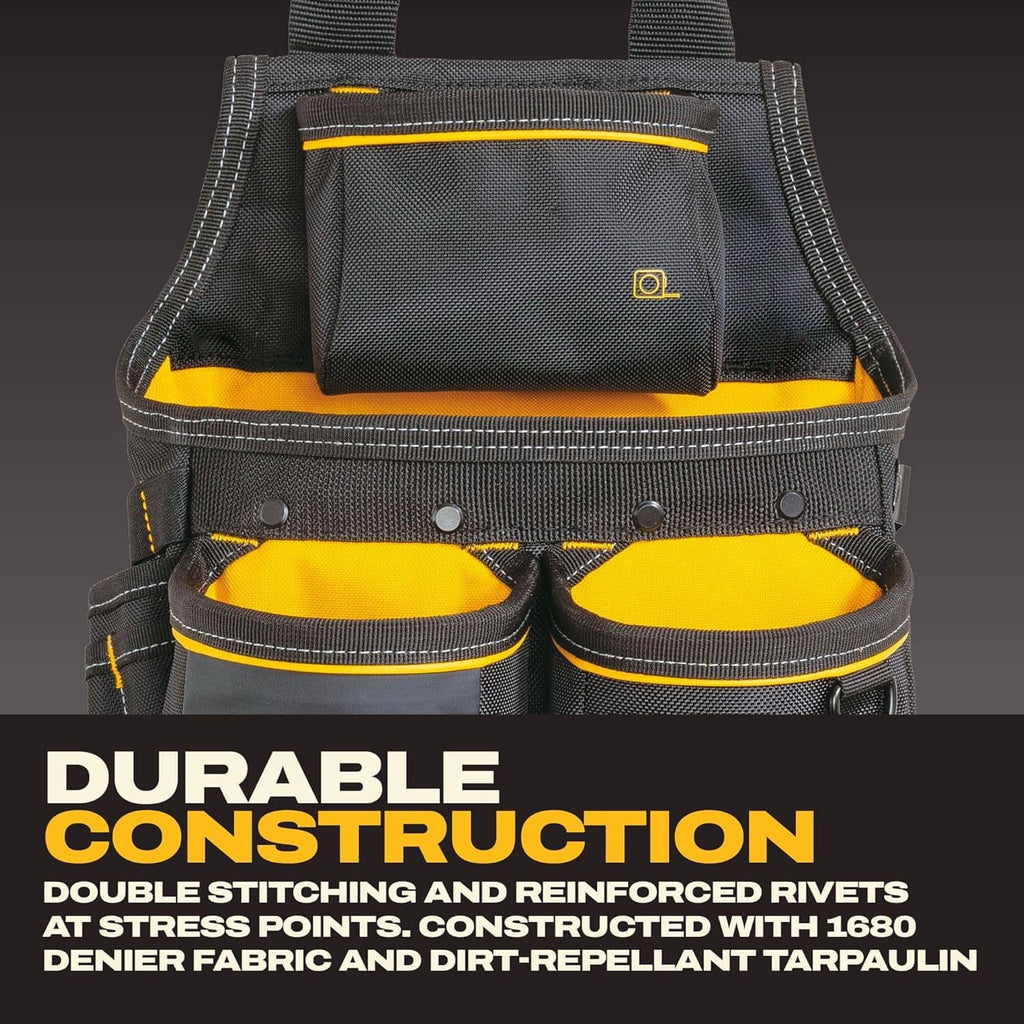 Tool belt pouch front view, black with yellow piping and two large circular-top pockets