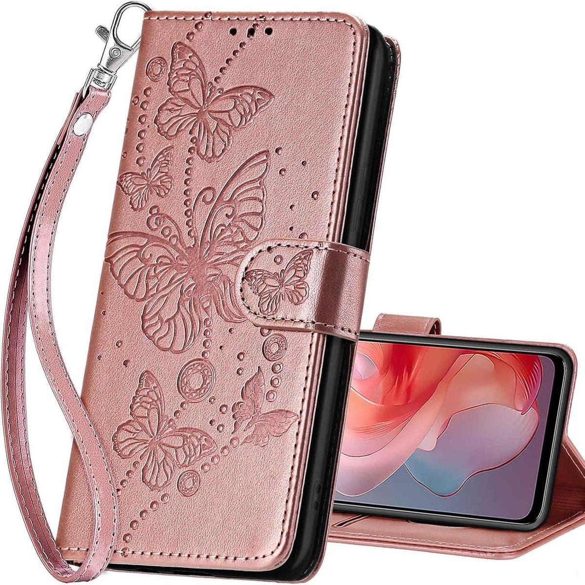 Pink floral embossed wallet flip case with wrist strap and stand for Moto G Power 5G