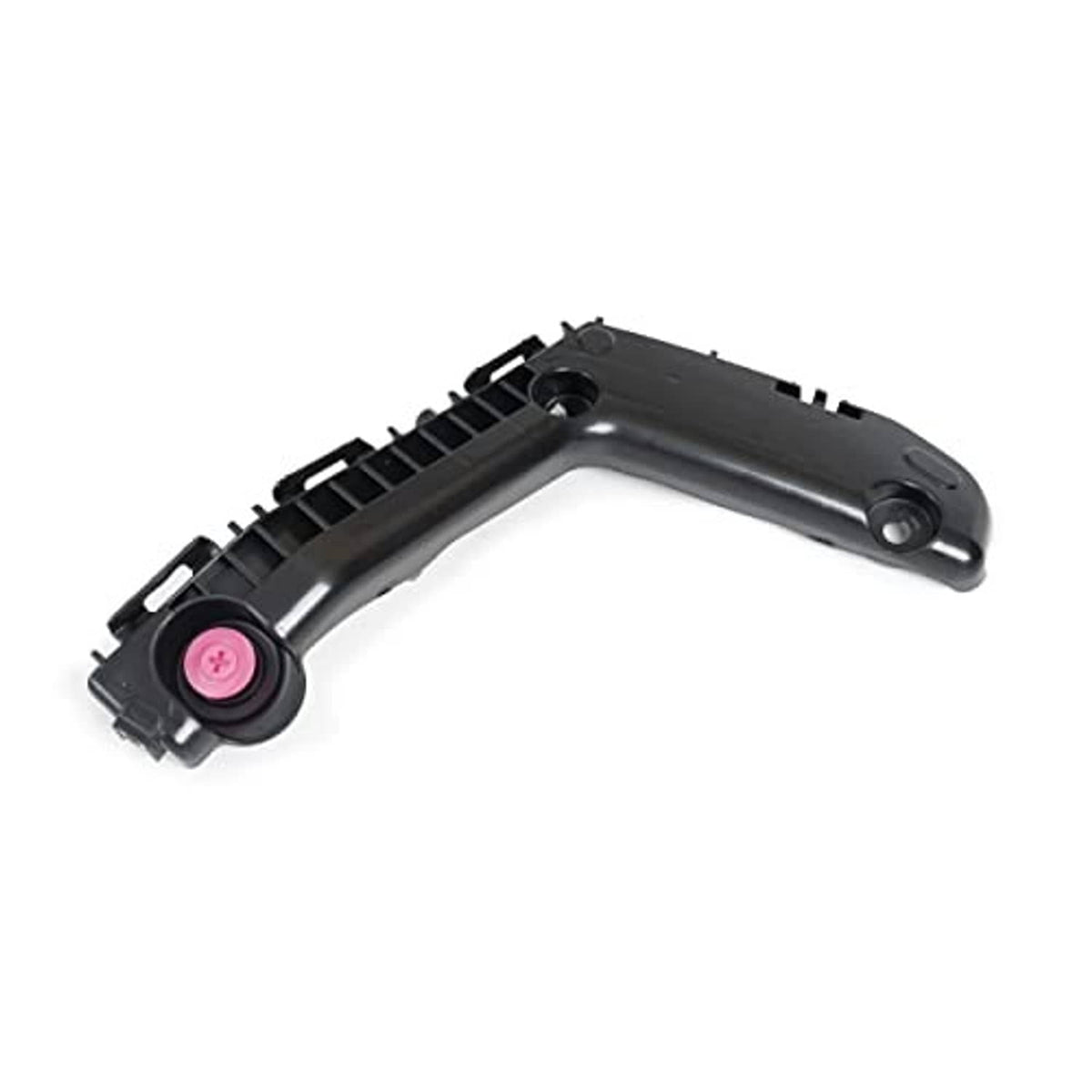 Front bumper bracket cover support mount, black plastic with pink bushing, close view