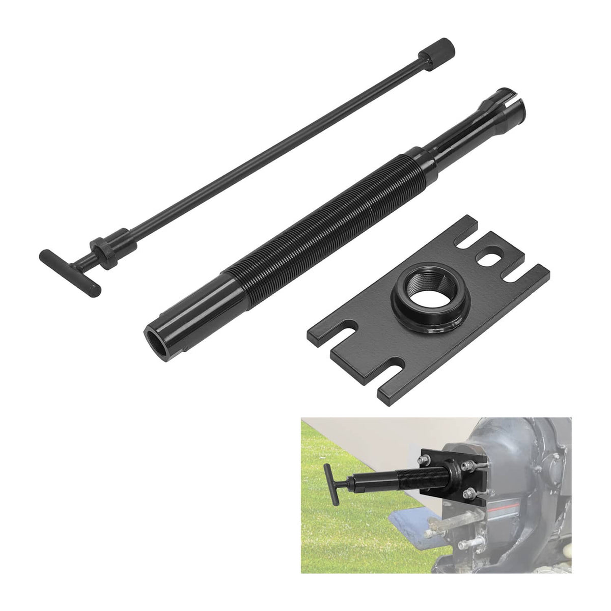 Boat bearing puller alignment tool with threaded puller rod, handle, and base plate