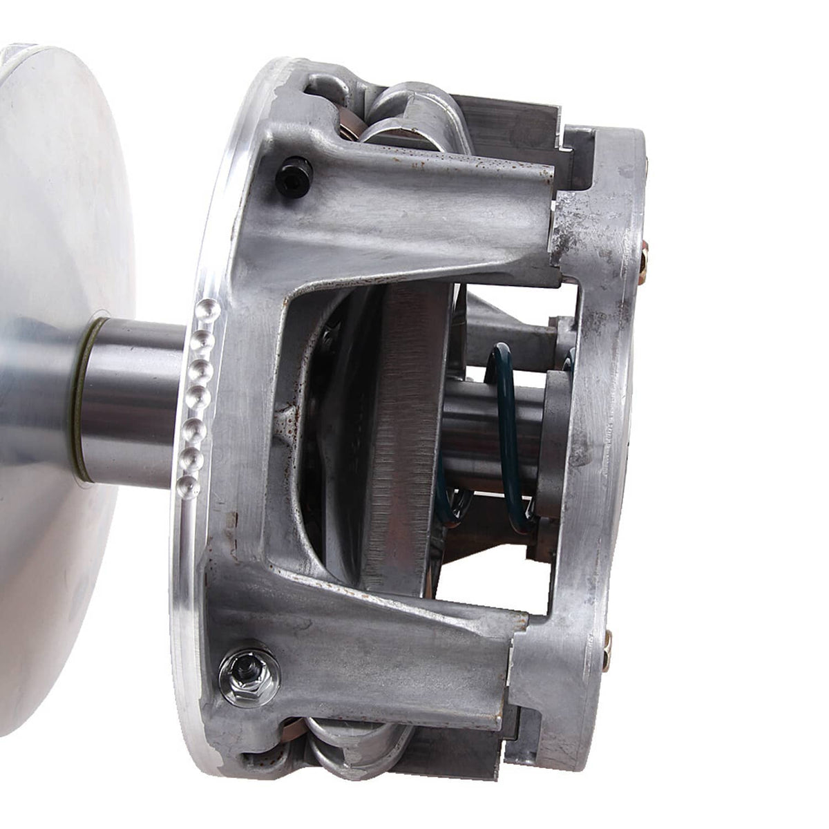 Primary drive clutch component with silver frame and black ribbed belt